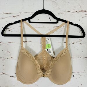 Natori 36B Feathers Lace Front Close Racerback Nude Beige Underwire Bra Pushup